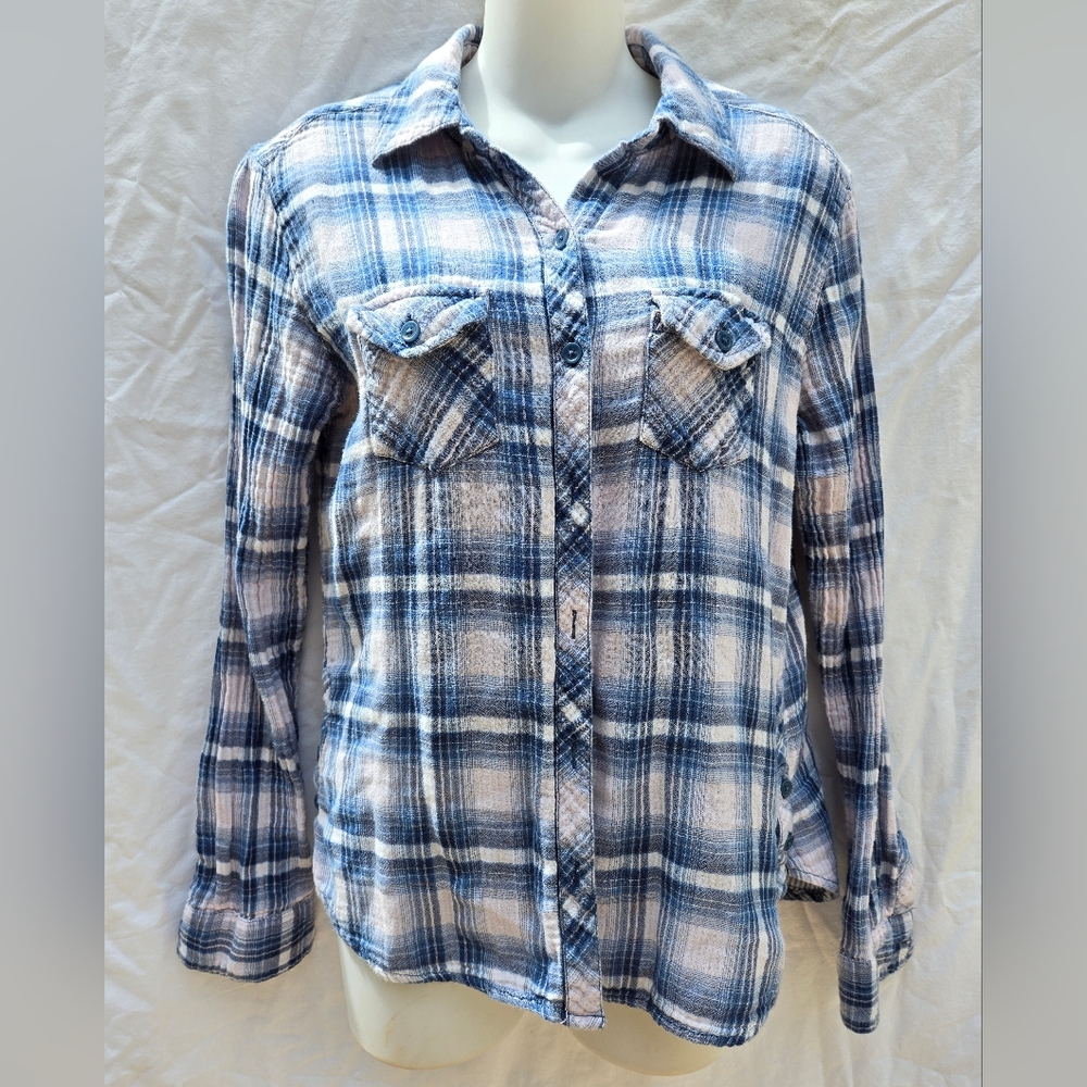 Blue and Pink Plaid Button-Up Shirt